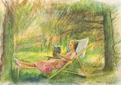 Zádor István: Kertben olvasó nő (Szolnok, 1932) természet, fák, park, pihenés