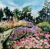 Virágos tájkép pasztell szìnekben modern festmény 50x50 Tavaszi suttogás