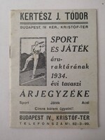 KERTÉSZ J. TÓDOR SPORT ÉS JÁTÉK ÁRJEGYZÉKE 1934 - BUDAPEST IV. KRISTÓF TÉR
