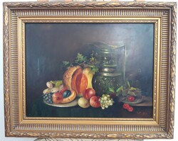 Orsovai Valéria (1943-  ) - Gyümölcsös csendélet zöld kancsóval - festmény