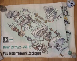 MZ-175-250 motorról, váltóról, porlasztóról robbantott műszaki rajz,1970-es évekből plakát, poszter