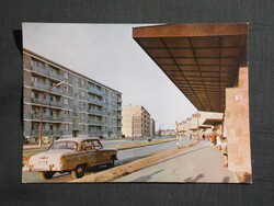 Képeslap,Oroszlány,Új városrész,üzletsor,MÁVAUT buszmegálló,Volga GAZ autó látkép,részlet, 1966-