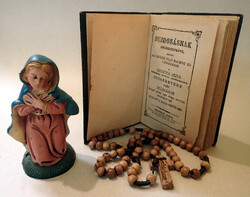 Régi jelzett sorszámozott olasz Szűz Mária figura szobor antik biblia szentkönyv olvasó rózsafüzér