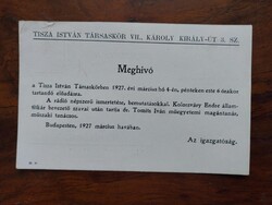 Meghívó 1927-ből, a Tisza Istán társulat által megrendezett eseményre, nyomtatvány