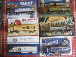 Toy trucks with beer advertisement images and inscriptions (6 pieces) from the 1980s