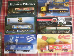 Toy trucks with beer advertisement images and inscriptions (6 pieces) from the 1980s