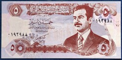 Irak 5 Dínár 1992, AUNC, (dombornyomású).
