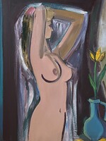 JAKAB ESZTER (1943-1989) FÉSÜLKÖDŐ FIATAL LÁNY, NŐI AKT VIRÁGGAL, KÉPCSARNOKOS FESTMÉNY