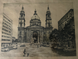 Jurida Károly – „Bazilika” rézkarc, 29×39 cm, Budapest, Szent István tér