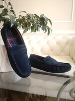 M&S 45-46-os sötétkék velúr mokaszin,11-es bőr loafer