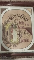 Antik apácamunka szent ereklye fali kép keretezett üveg mögött zárdamunka  viasz és hímzés