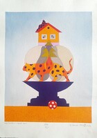 Ef Zámbó István - Háztetőn pihenő akt 58 x 41 cm EBP, merített papír