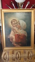 Szép festmény szentkép / Mária a kisdeddel / olaj-fa és a hátoldalon rajz  nyílászárók bútor