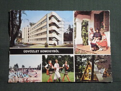 Képeslap,mozaik,Somogy megye,népviselet,kemping,üdülő,szálló,strand látkép,részlet, 1976-