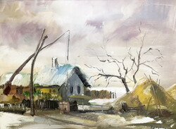 Zentai Pál (1938-1987):Tanya télen, festmény 60 x 80 cm, olaj-farost