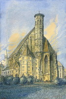 Minorita templom (Bécs),akvarell,1912-ből,szignált, datált