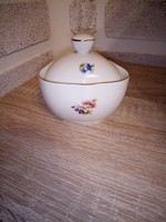 Hollóházi virág mintás porcelán cukortartó. Jelzett