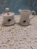 Hollóházi arany piros rózsás, porcelán cukortartó és tejszínes kiöntő, 2000 jubileumi kiadás