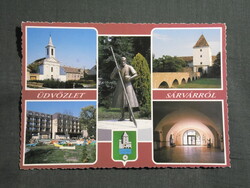Képeslap,Sárvár,mozaik,Nádasdy-várkastély szobor,Thermal hotel,templom látkép,részlet, 1989-
