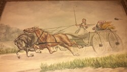 " Metz " régi érdekes akvarell kép " Megvadult lovak "