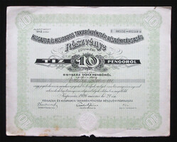 Kisgazda és Kisiparos Takarékpénztár részvény 10x10 (100) pengő 1926 - Kaposvár