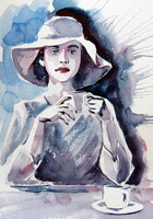 Girl with coffee -  watercolor painting/ Lány kávéval -   akvarell festmény