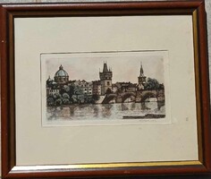Jelzett , sorszámozott szinezett rézkarc - Folyóparti város