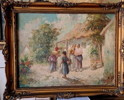 Szegedi Kovács Ágoston: A kútnál / Falusi jelent / c. olajfestmény