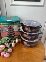 Zománcos 5 db- os edénykészlet üveg tetővel fazék lábas virágos zománcozott