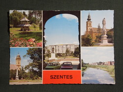 Képeslap,Szentes,mozaik,emlékmű,szobor,kórház,Japánkert,park,templom látkép,részlet, 1986-