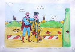 Ef Zámbó István - Superman találkozása Miskakancsóval  30 x 42 cm EBP, merített papír