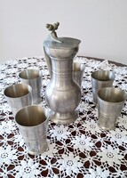 Zinn, pewter acorn wine jug with 6 wine glasses