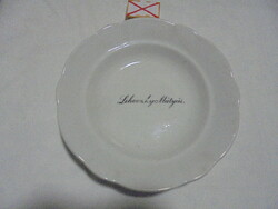 Antik, vastag falú, feliratos Chodau porcelán mélytányér