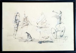Dienes Gábor - Hajó érkezik 44 x 64 cm vegyes technika,,papír