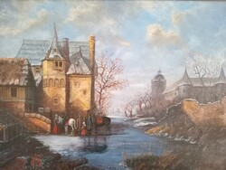 Ralph Weiner 60x80 cm olaj vászon kastély vár életkép festmény