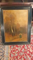 Szentmiklóssy Zoltán (1878-1916) olaj-vászon festmény " Hölgy gereblyével az erdei úton "