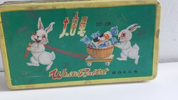 Régi fém doboz cukorkás kínai doboz White Rabbit Rolls, fehér nyulas, nyuszis,