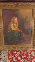Szüle Péter ( 1868-1944 ) olaj-vászon festmény " Lány kék kancsóval "