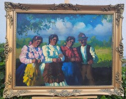 Parobek Alajos (1896-1947) - Fiatal Lányok Legénnyel Nagyméretű Olaj-Vászon Festmény!