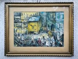 Göldner Tibor, különleges hangulatú festmény, Jelenetes, Emberek, Nyüzsgő utcakép! Aranyozott keret
