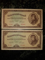 2 db Százmillió Pengő - 1946- os bankjegy