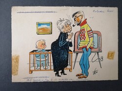 Little ludas original caricature - noble jános török /1907-1980/- graphic artist, caricaturist