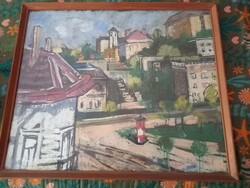 Szilvásy Pál pasztell festmény Vár és a vérmező fa Keretben.Üvegmögött