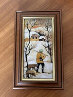 Tűzzománc kép Fehér Margit Téli vadászat