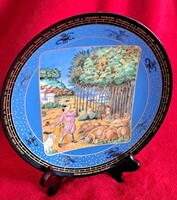 Limoges-i porcelán tányér: középkori életképes XV. századi történelmi dísztányér 8 (M5556)