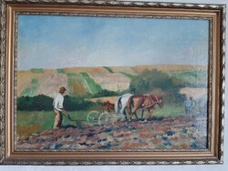 Szántás, nagyméretű olaj-vászon festmény