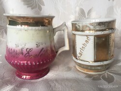 Bájos antik aranyozott, porcelán pohár, bögre,Karlsbad fürdőhelyi emlék, dísztárgy, kúrapohár