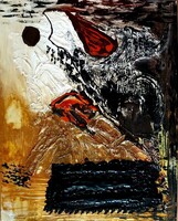 "A sereg visszavonul", akril-vegyes technika, 50x40, fa, szignózott