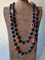 Natural Lapis Lazuli Long Necklace with Red Cut Crystals