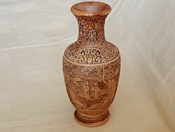 Vintage kínai faragott cinnabar jelölt váza 21cm magas